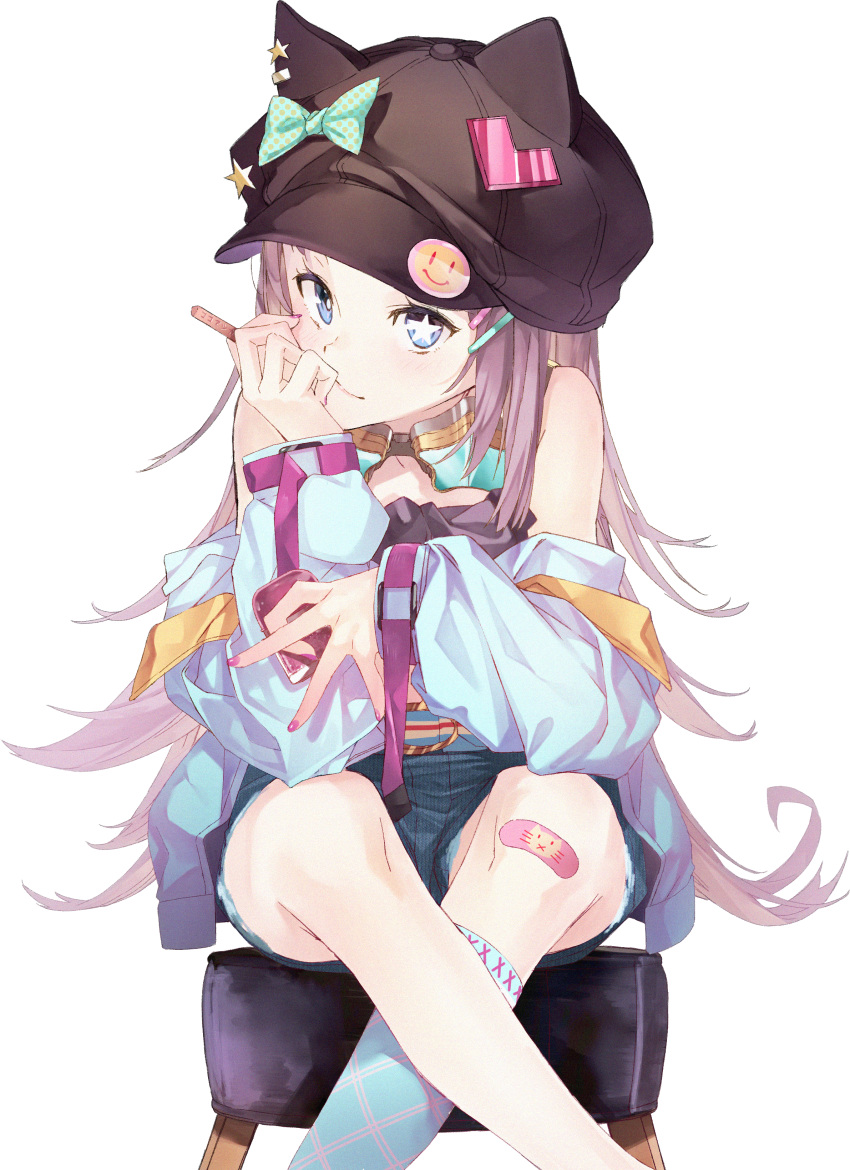 1girl absurdres animal_hat babydoll badge bandaid bandaid_on_knee bare_shoulders belt black_babydoll black_headwear blue_belt blue_bow blue_eyes blue_jacket blue_legwear bow button_badge cabbie_hat candy cat_hat cigarette_candy commentary crossed_legs denim denim_shorts feet_out_of_frame film_grain food furisuku goggles goggles_around_neck hair_ornament hairclip hand_on_own_cheek hat hat_bow hat_ornament highres hoshino_nyaa huge_filesize indie_virtual_youtuber jacket kneehighs lavender_hair long_hair long_sleeves looking_at_viewer nail_polish o-ring_belt photoshop_(medium) pink_belt pink_nails polka_dot polka_dot_bow psd_available shorts single_kneehigh sitting smiley_face solo star-shaped_eyewear star_(symbol) star_hat_ornament star_in_eye stool symbol_in_eye transparent_background two-sided_fabric two-sided_jacket very_long_hair virtual_youtuber