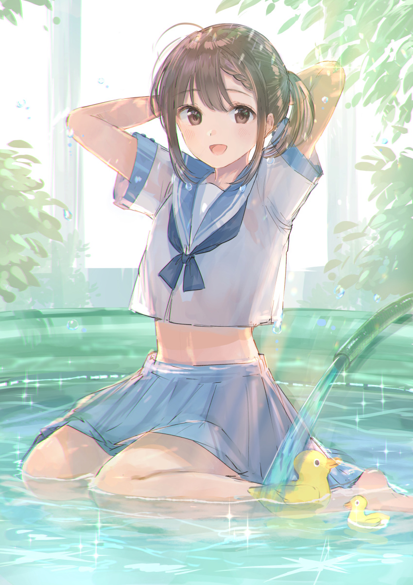 1girl :d absurdres ahoge arms_behind_head arms_up bangs barefoot black_neckwear blue_sailor_collar blue_skirt blush brown_eyes brown_hair commentary_request eyebrows_visible_through_hair hair_between_eyes highres hose looking_at_viewer midriff mochitsuki_usa open_mouth original pleated_skirt ponytail rubber_duck sailor_collar school_uniform serafuku shallow_water shirt short_sleeves sidelocks sitting skirt smile solo sparkle wading_pool wariza water white_shirt