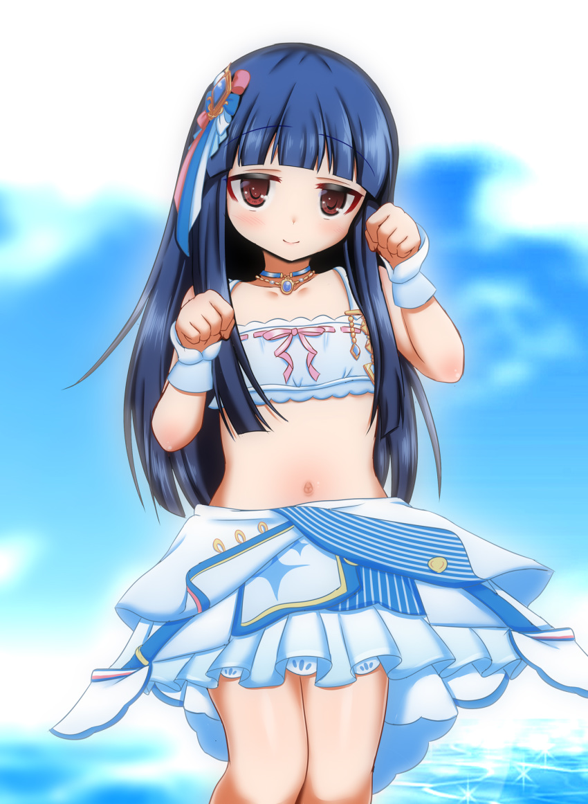 1girl arms_up blue_hair blue_shirt blue_skirt choker clenched_hands clouds crop_top hair_ornament highres hosizora_mikoto idol idolmaster idolmaster_cinderella_girls long_hair looking_at_viewer midriff navel outdoors paw_pose red_eyes sajou_yukimi shirt skirt sky sleeveless sleeveless_shirt smile solo water wrist_cuffs