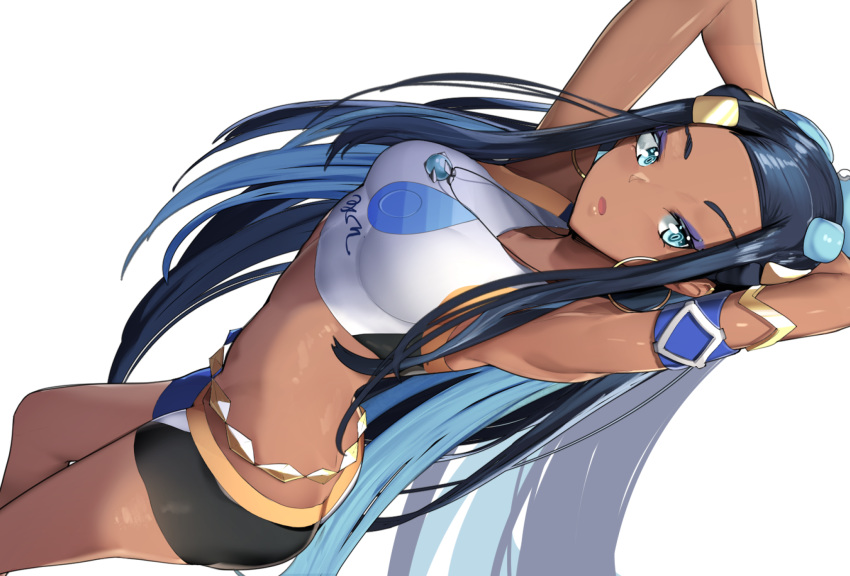 1girl armpits arms_behind_head arms_up belly_chain bikini bikini_shorts black_bikini black_hair blue_eyes blue_hair breasts dark_skin earrings floating_hair hair_ornament highres jewelry long_hair medium_breasts midriff mismatched_bikini multicolored_hair nessa_(pokemon) open_mouth pokemon pokemon_(game) pokemon_swsh shiny shiny_hair shorts simple_background solo sports_bikini swimsuit two-tone_hair very_long_hair white_background white_bikini yuuyuu_(yuuki1771)