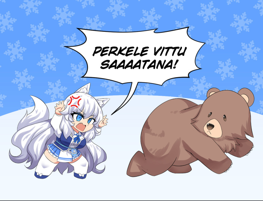 1girl :d anger_vein angry animal animal_ear_fluff animal_ears arms_up bear blue_eyes blue_skirt breasts chibi english_commentary eyebrows_visible_through_hair fighting finnish_text full_body hair_between_eyes hinghoi indie_virtual_youtuber large_breasts long_hair lumi_(merryweather) open_mouth profanity sidelocks simple_background skirt smile snowflake_background speech_bubble standing tail thigh-highs translated very_long_hair virtual_youtuber white_hair white_legwear wolf_ears wolf_girl wolf_tail