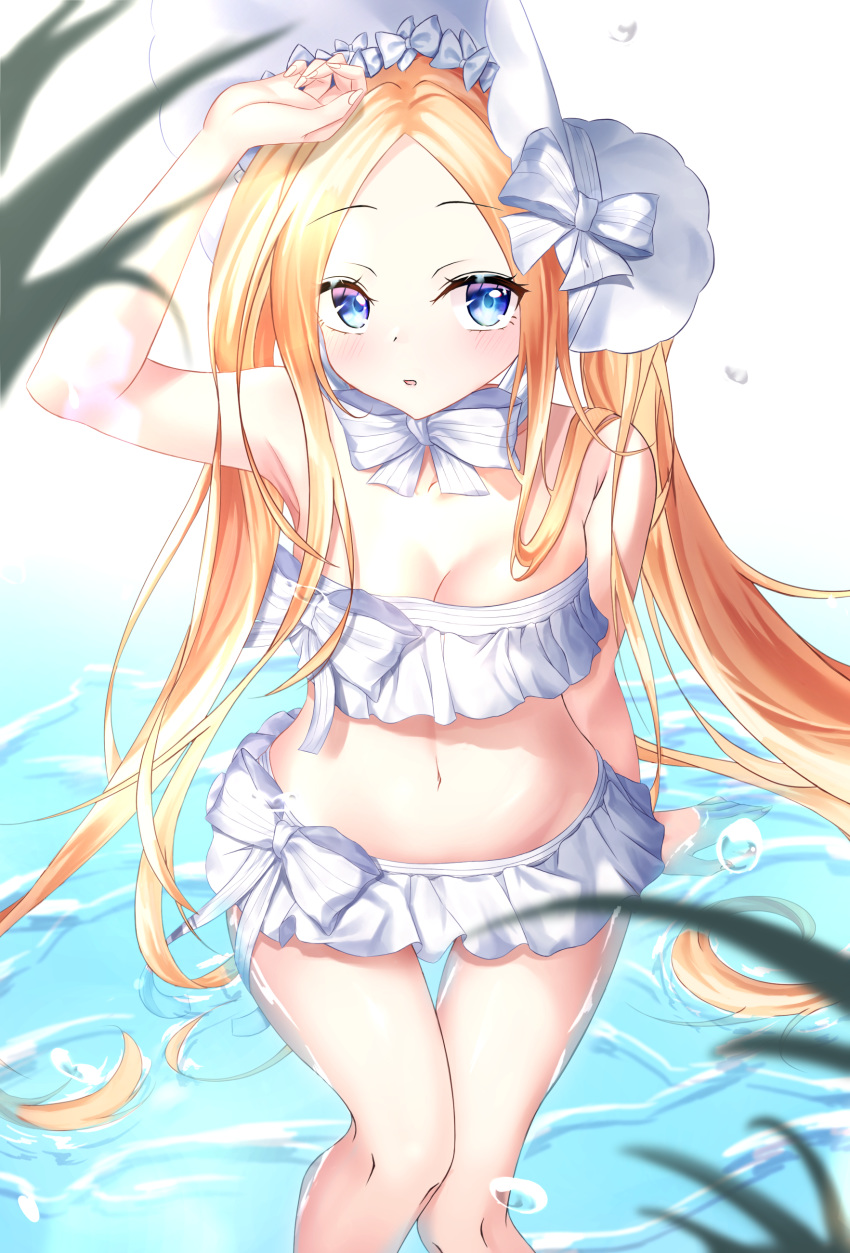 1girl abigail_williams_(fate/grand_order) abigail_williams_(swimsuit_foreigner)_(fate) absurdres arm_up bangs bare_shoulders bikini blonde_hair blue_eyes blush bonnet bow breasts fate/grand_order fate_(series) forehead hair_bow highres long_hair looking_at_viewer miniskirt navel open_mouth parted_bangs sidelocks skirt small_breasts swimsuit thighs ttopang twintails very_long_hair water white_bikini white_bow white_headwear
