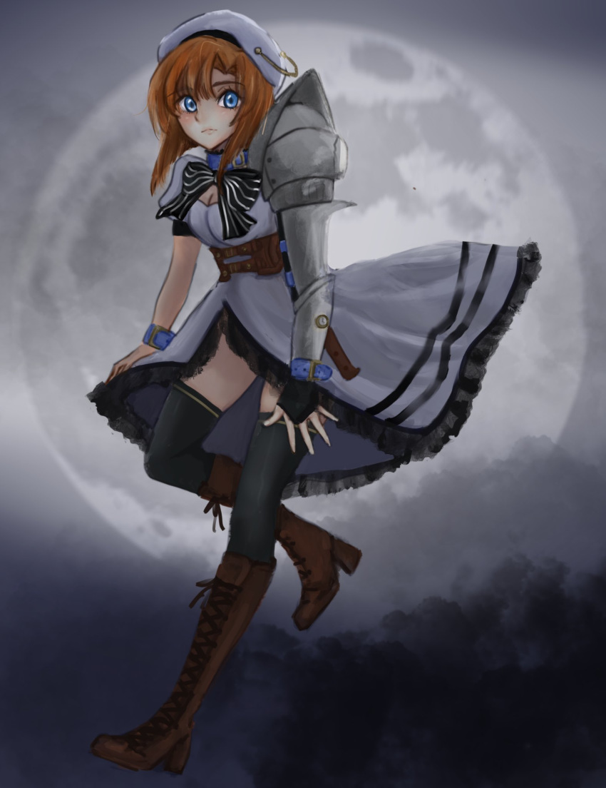 1girl belt blue_eyes boots bow breasts ciconia_no_naku_koro_ni clouds company_connection crossover dress fingerless_gloves flying gauntlets gloves highres higurashi_no_naku_koro_ni hippokrena looking_at_viewer moon night orange_hair ryuuguu_rena single_gauntlet thigh-highs thighs