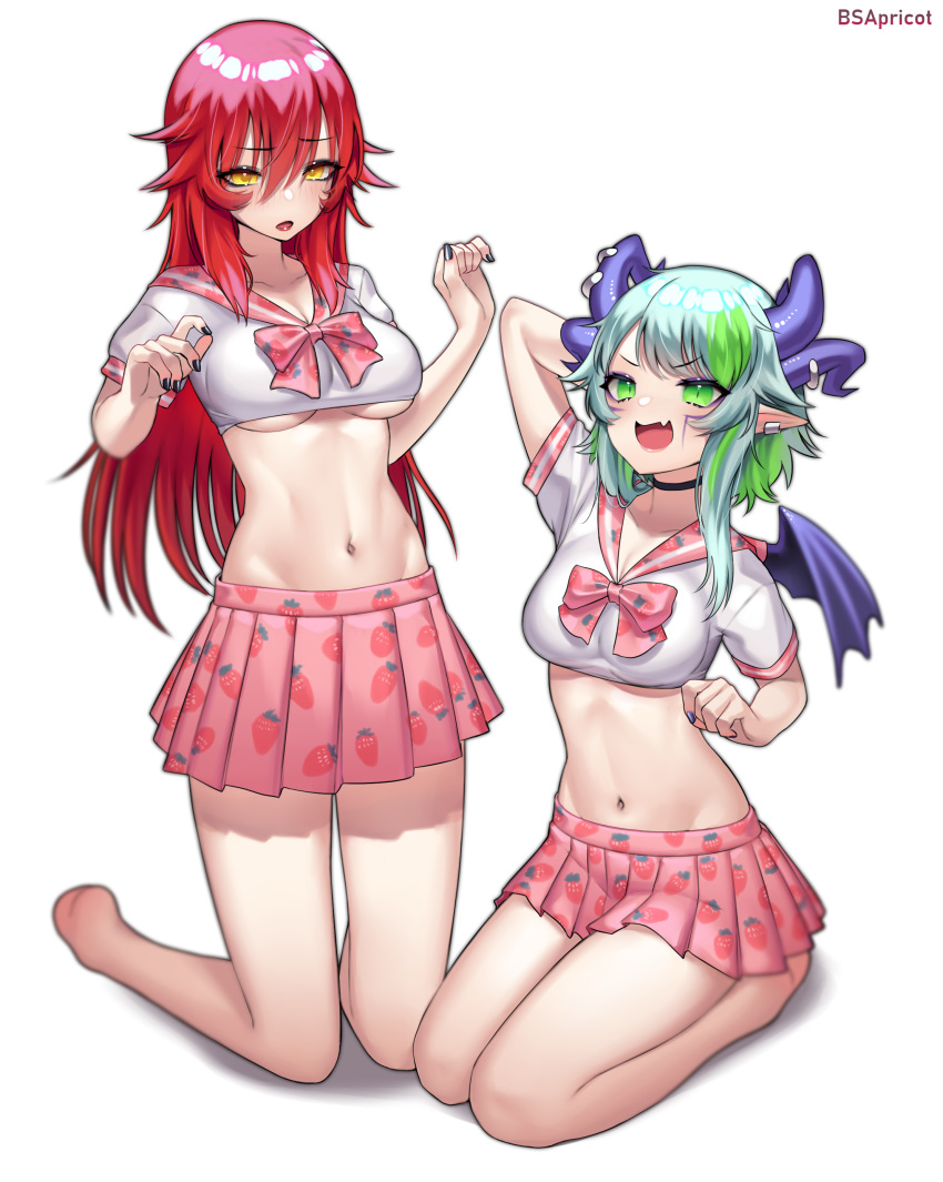 2girls :d absurdres arm_behind_head arm_up bangs barefoot blue_nails blush bow breasts commentary cosplay cosplay_request crop_top curled_horns danielle_brindle demon_girl demon_horns demon_wings ear_piercing english_commentary eyebrows_visible_through_hair fang food_print green_eyes green_hair half-closed_eyes highres horn_piercing horns kneeling long_hair looking_at_viewer medium_breasts midriff mini_wings multicolored_hair multiple_girls nail_polish navel open_mouth original piercing pink_bow pink_sailor_collar pink_skirt pleated_skirt pointy_ears print_bow print_sailor_collar print_skirt purple_wings redhead sailor_collar school_uniform seiza serafuku shadow shirt short_sleeves signature sitting skirt small_breasts smile strawberry_print streaked_hair under_boob v-shaped_eyebrows very_long_hair white_background white_shirt wings yellow_eyes
