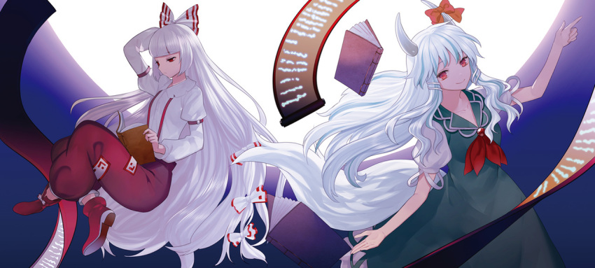 2girls baggy_pants bangs blue_hair book bow buttons cheat-nu collared_dress collared_shirt crossed_legs dress fujiwara_no_mokou green_dress hair_bow hair_ornament hand_behind_head hime_cut horns imperishable_night kamishirasawa_keine long_hair long_sleeves moon multicolored_hair multiple_girls neckerchief night ofuda pants pointing_to_the_side puffy_short_sleeves puffy_sleeves reading red_bow red_eyes red_footwear red_neckwear red_pants scroll shirt shoe_bow shoes short_sleeves sidelocks silver_hair smile suspenders touhou two-tone_hair very_long_hair white_bow white_hair white_shirt