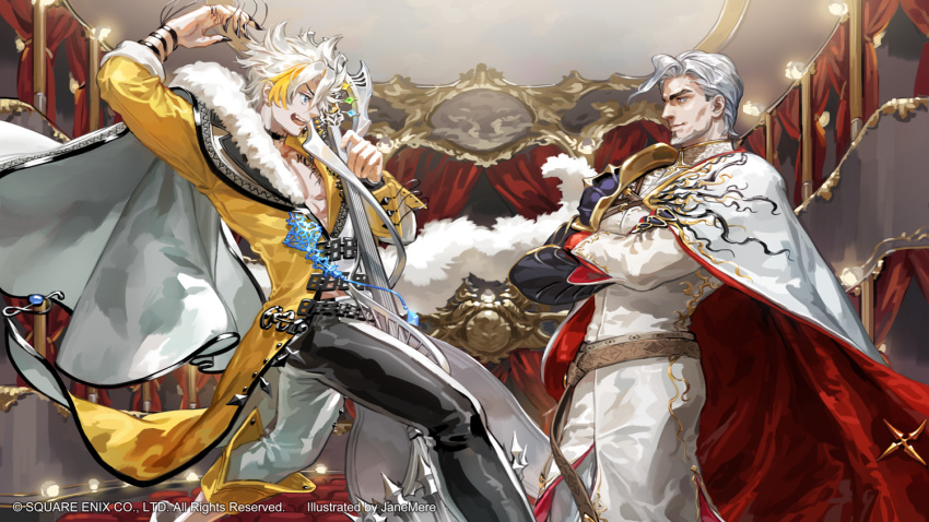 2boys :o arm_up beard black_nails black_pants blonde_hair bracelet cape company_name crossed_arms eye_contact facial_hair grey_eyes hair_ornament hairstyle_request holding holding_weapon indoors jane_mere jewelry kai-ri-sei_million_arthur looking_at_another million_arthur_(series) multicolored_hair multiple_boys official_art pants red_cape standing streaked_hair two-tone_pants watermark weapon white_cape white_hair white_pants