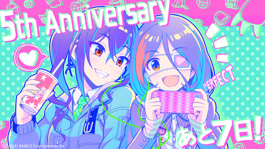 2girls anniversary artist_request badge black_hair blush bow bowtie button_badge cellphone chromatic_aberration collared_shirt commentary_request countdown cup disposable_cup drawstring earphones earphones eyepatch fang hayasaka_mirei heart heart_eyepatch highres holding holding_phone hood hooded_jacket idolmaster idolmaster_cinderella_girls idolmaster_cinderella_girls_starlight_stage jacket limited_palette long_hair medium_hair mole mole_under_eye multicolored_hair multiple_girls necktie official_art open_mouth orange_eyes phone purple_hair red_eyes redhead sharp_teeth shirt smartphone smile spoken_heart streaked_hair sunazuka_akira teeth twintails upper_body