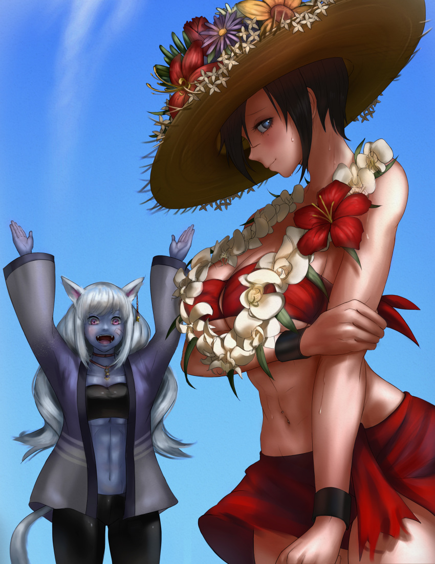 2girls abs absurdres animal_ears bandages black_eyes black_hair blue_skin blue_sky blush breast_press breasts cat_girl clear_sky commission embarrassed facial_scar fang fangs final_fantasy final_fantasy_xiv flower flower_ornament hat highres hyur jewelry kuri_(tastykuri) large_breasts light_blush looking_at_viewer midriff miqo'te mole mole_under_eye multiple_girls muscle muscular_female navel navel_piercing necklace nose_scar original pantyhose piercing red_flower red_skirt red_swimsuit scar short_hair skirt sky smile straw_hat summer sweat sweatdrop swimsuit tail tied_hair tomboy toned twintails under_boob violet_eyes white_flower white_skin