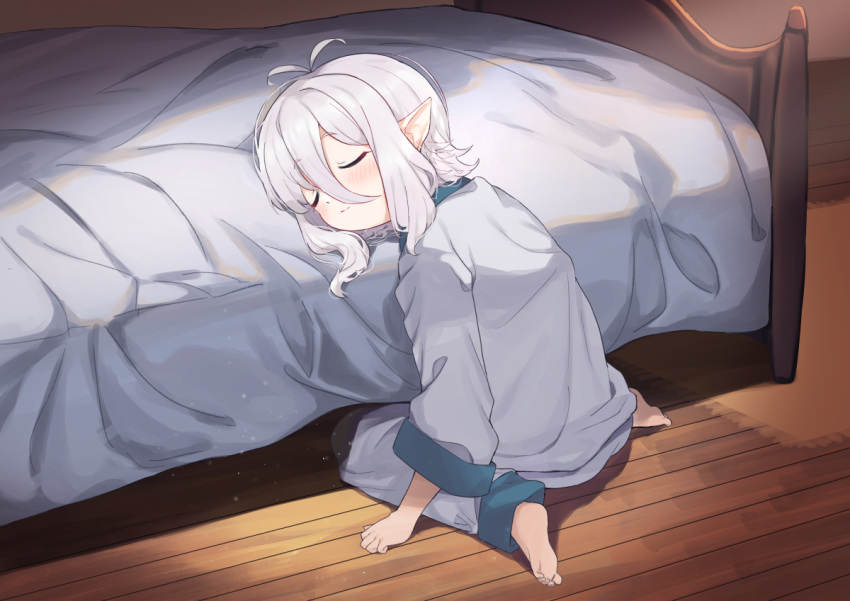 1girl antenna_hair bangs barefoot bed blush closed_eyes closed_mouth commentary_request eyebrows_visible_through_hair full_body grey_pants grey_shirt hair_between_eyes indoors kokkoro_(princess_connect!) long_sleeves niizuka_(c-drop) pants pointy_ears princess_connect! princess_connect!_re:dive shirt silver_hair sitting smile soles solo wariza wooden_floor