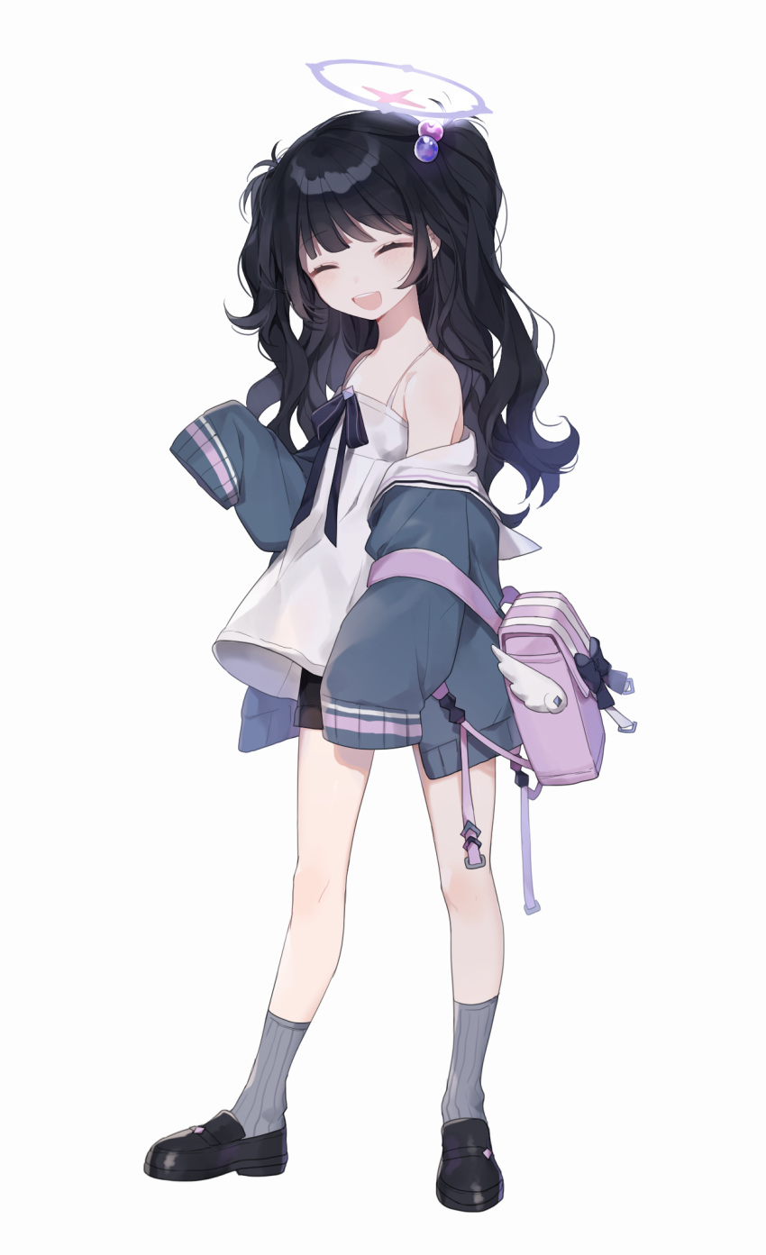 1girl :d ^_^ backpack bag bare_shoulders black_footwear black_hair black_shorts blue_jacket blush clip_studio_paint_(medium) closed_eyes commentary_request dress facing_viewer grey_legwear hair_bobbles hair_ornament halo highres jacket korean_commentary loafers long_hair moffle_(ayabi) off_shoulder open_clothes open_jacket open_mouth original ribbed_legwear shoes short_shorts shorts shorts_under_dress simple_background sleeveless sleeveless_dress sleeves_past_fingers sleeves_past_wrists smile socks solo two_side_up white_background white_dress