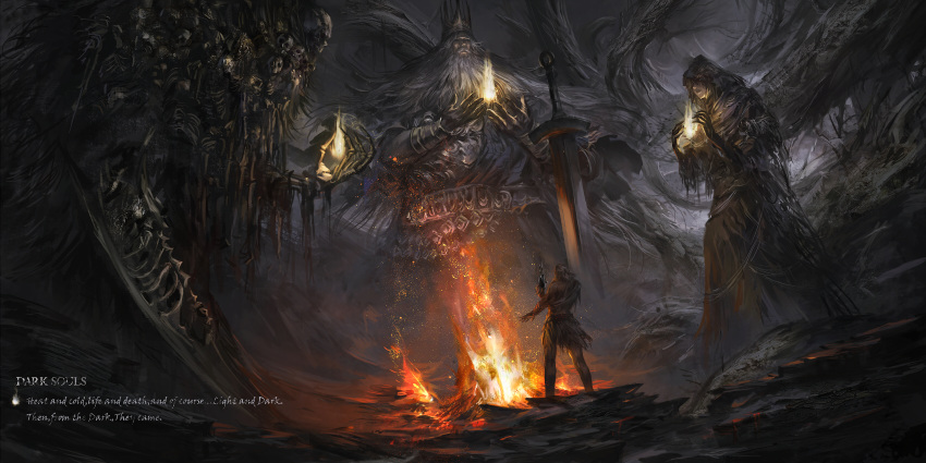 1girl 3boys armlet beard black_robe copyright_name crown dark_souls english_commentary english_text facial_hair fire flame full_body furtive_pygmy gravelord_nito greatsword grey_hair gwyn_lord_of_cinder hand_up hands_up highres holding hood hood_over_eyes hood_up multiple_boys mustache planted_sword planted_weapon robe short_sleeves skeleton skull souls_(from_software) standing stu_dts sword weapon witch_of_izalith