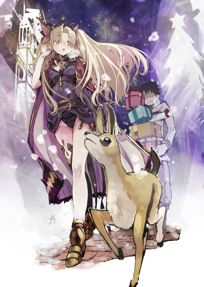 1boy 1girl animal bangs black_hair black_panties blonde_hair blush box breasts breath cape christmas_tree closed_mouth deer ereshkigal_(fate/grand_order) fate/grand_order fate_(series) flying_sweatdrops from_below fujimaru_ritsuka_(male) gift gift_box hair_ribbon highres holding holding_gift hyocorou long_hair multicolored multicolored_cape multicolored_clothes night open_mouth outdoors panties red_eyes ribbon shaded_face snow snowing tiara tree two_side_up underwear walking