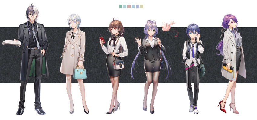 2boys 4girls \||/ ahoge arm_at_side bag bag_charm bare_legs black_coat black_footwear black_jacket black_neckwear black_pants black_shirt black_skirt black_vest blue_eyes blue_hair bow breasts brother_and_sister brown_hair brown_legwear cable charm_(object) closed_mouth coat collared_shirt cravat creature dress_shirt earphones earrings flat_chest formal frown full_body glint green_eyes grey_neckwear grey_shirt hair_between_eyes hair_bow hair_ribbon hair_tucking hand_in_pocket handbag high_heels highres holding holding_bag holding_paper holding_phone jacket jewelry large_breasts lineup long_hair long_sleeves looking_at_viewer low_ponytail low_twintails luo_tianyi medium_breasts mo_qingxian multicolored_hair multiple_boys multiple_girls nail_polish necklace necktie open_clothes open_coat open_vest pants pantyhose paper parted_lips pencil_skirt pendant phone pig ponytail print_neckwear purple_hair purple_neckwear red_eyes red_nails ribbon shirt shoes short_hair shoulder_bag siblings skirt sleeve_cuffs smile sneakers sparkle standing stiletto_heels strappy_heels suit tian_dian tidsean tress_ribbon twintails two-tone_hair very_long_hair vest vocaloid vsinger waving_arm white_shirt yanhe yuezheng_ling yuezheng_longya zhiyu_moke