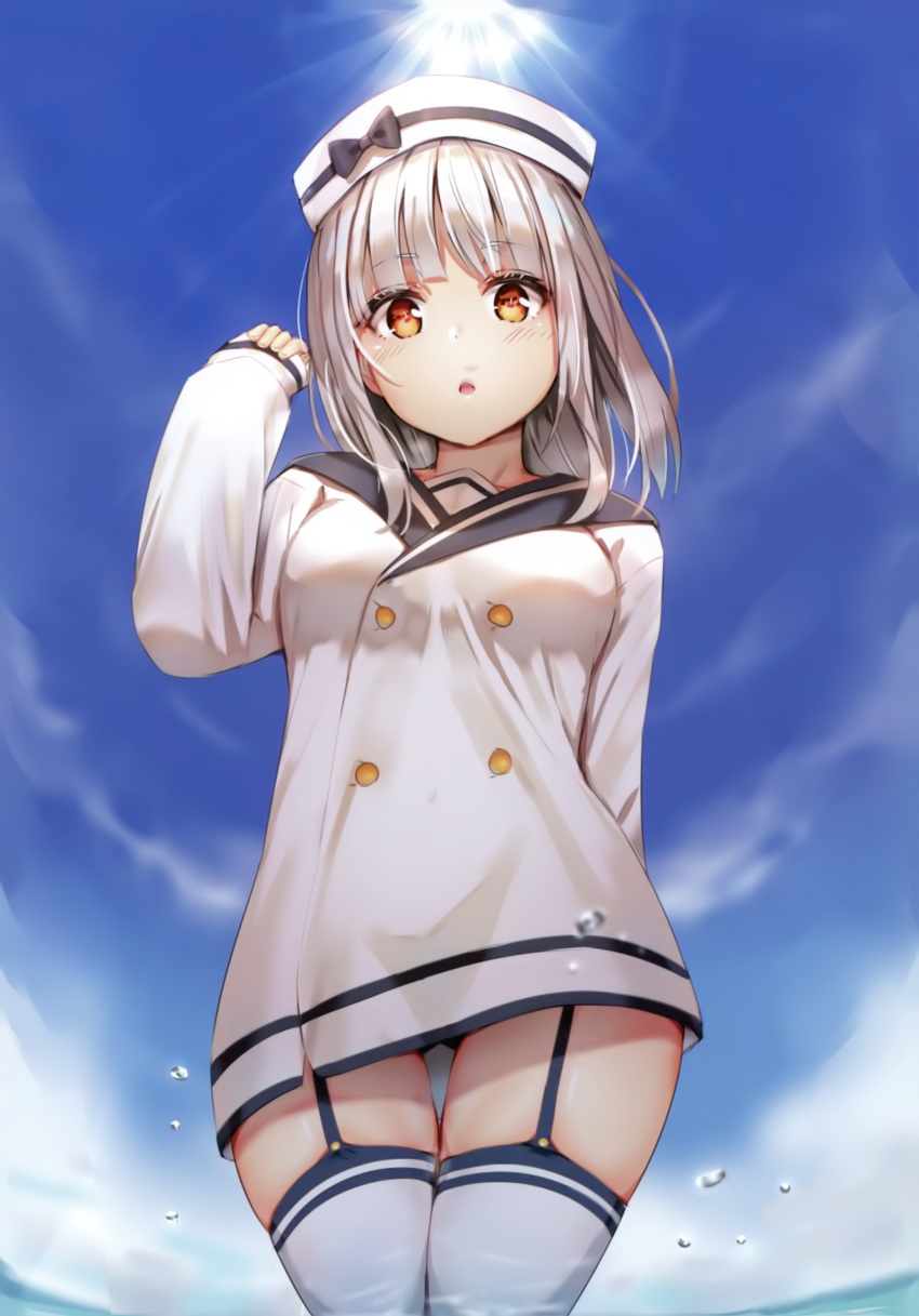 1girl absurdres bangs blue_sky bow breasts brown_eyes buttons clouds cloudy_sky day dress eyebrows_visible_through_hair fingernails garter_straps hand_up hat highres light_rays long_hair long_sleeves looking_at_viewer medium_breasts open_mouth original outdoors panties reinama sailor_collar sailor_dress scan shiny shiny_skin silver_hair simple_background sky sleeves_past_wrists solo standing sunbeam sunlight thigh-highs thighs underwear water water_drop white_dress white_headwear white_legwear zettai_ryouiki