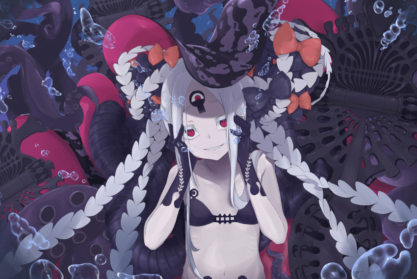 1girl abigail_williams_(fate/grand_order) abigail_williams_(swimsuit_foreigner)_(fate) absurdres air_bubble bangs bare_shoulders bikini black_bikini black_bow bow breasts bubble collarbone double_bun fate/grand_order fate_(series) forehead grin highres huge_filesize keyhole lazu0721 long_hair looking_at_viewer multiple_bows navel orange_bow parted_bangs pink_eyes sidelocks small_breasts smile staff swimsuit tentacles thighs third_eye underwater very_long_hair white_hair white_skin