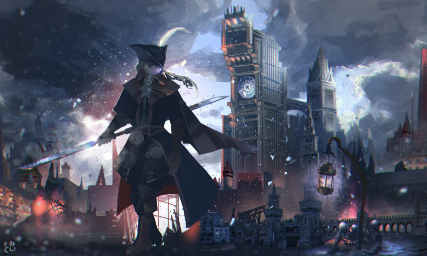 1girl ascot black_headwear bloodborne boots cal_(calcalpoi) city cityscape clock clock_tower clouds commentary_request green_eyes hat holding holding_weapon lady_maria_of_the_astral_clocktower long_hair messengers_(bloodborne) moon night outdoors ponytail rakuyo_(bloodborne) reverse_trap scenery sky solo standing sword the_old_hunters tower weapon white_hair