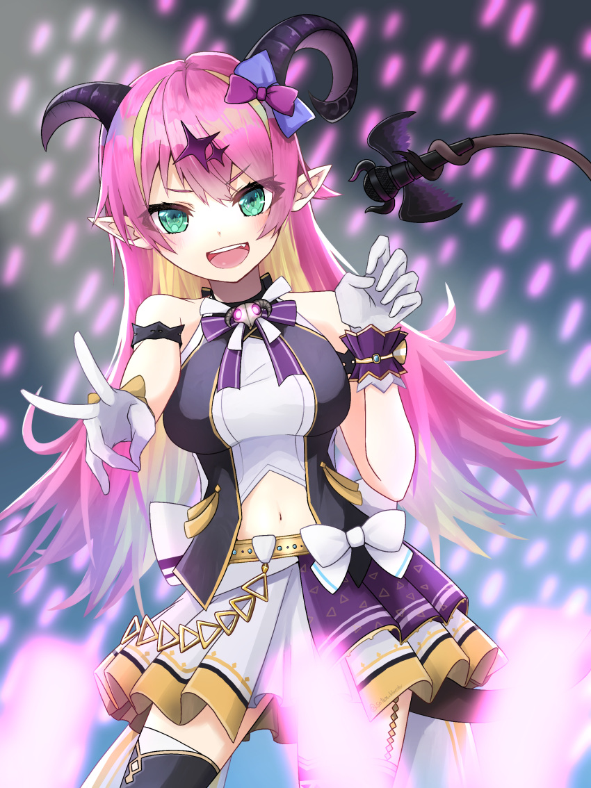 1girl absurdres arm_strap asymmetrical_horns bangs bare_shoulders bow breasts demon_girl demon_horns demon_tail eyes_visible_through_hair garter_straps gloves glowstick hair_ornament highres hololive horn_bow horns long_hair looking_at_viewer mano_aloe microphone midriff navel open_mouth pointy_ears shirt skirt sleeveless sleeveless_shirt solo soten_bluesky succubus tail tail_hold thigh-highs virtual_youtuber white_gloves wrist_cuffs
