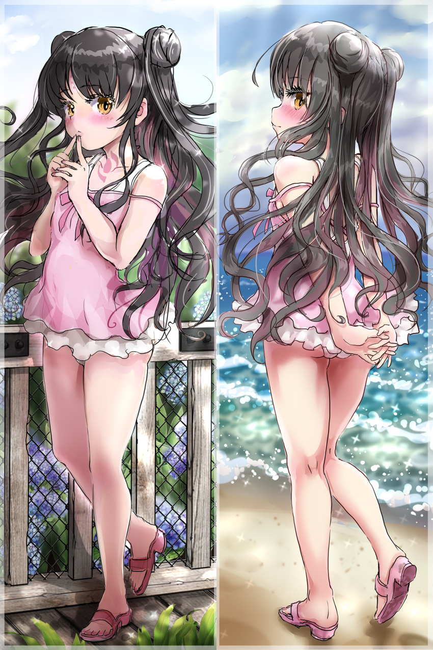 1girl arms_behind_back ass back bangs bare_shoulders beach black_hair blue_sky blush breasts chest_tattoo chunyan closed_mouth double_bun dress_swimsuit facial_mark fate/grand_order fate_(series) fence flower forehead_mark full_body highres legs long_hair looking_at_viewer looking_back multicolored_hair multiple_views ocean parted_bangs pink_hair pink_swimsuit sandals sesshouin_kiara sesshouin_kiara_(lily) shore sky small_breasts streaked_hair swimsuit tattoo wavy_hair yellow_eyes