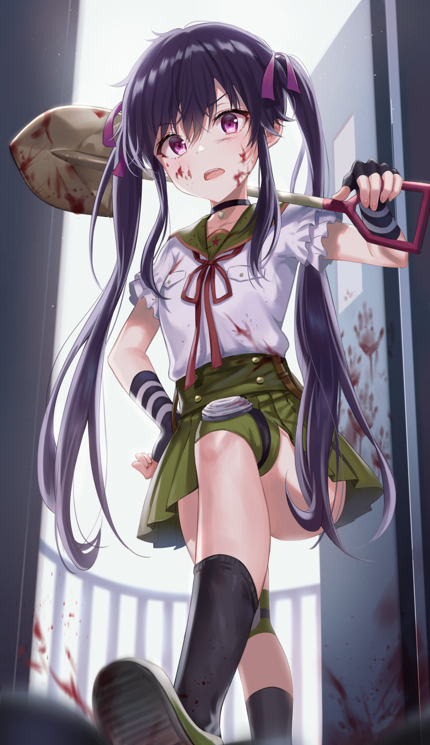 1girl absurdres bangs black_legwear blood blood_on_face blood_splatter bloody_clothes bloody_weapon commentary_request ebisuzawa_kurumi fingerless_gloves from_below gakkou_gurashi! gloves green_skirt hair_ornament hair_ribbon hand_on_hip highres knee_pads knee_up long_hair looking_at_viewer megurigaoka_high_school_uniform open_mouth over_shoulder pleated_skirt purple_hair purple_ribbon ribbon school_uniform shirt short_sleeves shovel skirt smile solo tokkyu twintails very_long_hair violet_eyes weapon white_shirt