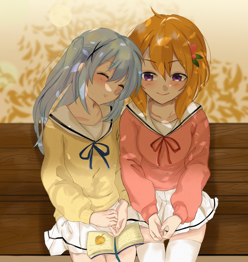 2girls ahoge alternate_hairstyle bench blue_hair bmyoshikun123 book bookmark closed_eyes cross_hair_ornament flower gochuumon_wa_usagi_desu_ka? hair_flower hair_ornament hands_together highres hoto_cocoa kafuu_chino leaf leaning_on_person lens_flare long_hair looking_at_another medium_hair multiple_girls orange_hair outdoors ribbon school_uniform sitting_on_bench skirt sleeping smile symbol_commentary teeth twintails violet_eyes yuri