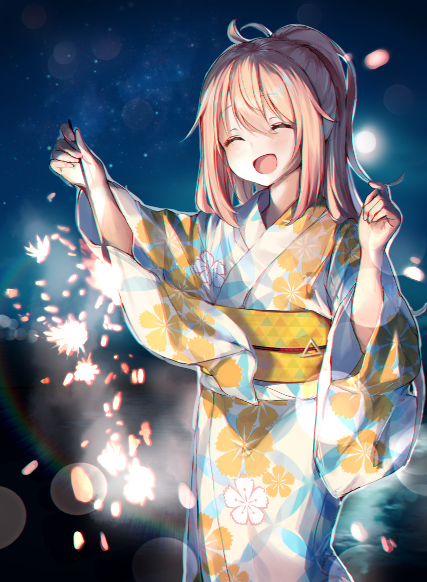 1girl :d bangs closed_eyes commentary_request eyebrows_visible_through_hair fireworks floral_print highres holding japanese_clothes kagamihara_nadeshiko kimono lens_flare moon night night_sky open_mouth pink_hair ponytail print_kimono reflection ringosutta senkou_hanabi sky smile solo sparkler sparks standing star_(sky) water yukata yurucamp