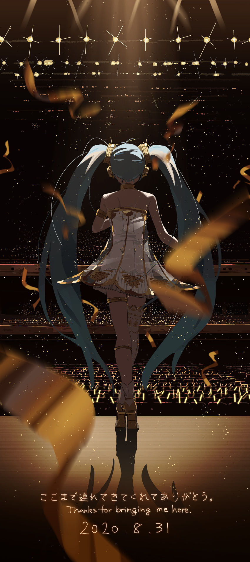 1girl absurdres agas_(vpwt7475) aqua_eyes aqua_hair armband asymmetrical_legwear back commentary_request dated dress earphones glowstick gold_trim hatsune_miku highres light_particles long_hair long_image see-through sparkle stadium stage stage_lights tall_image thank_you thigh_strap twintails very_long_hair vocaloid