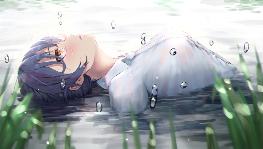 1girl absurdres bangs blue_hair blush breasts from_side highres long_hair looking_afar love_live! love_live!_school_idol_project lying on_back outdoors partially_submerged see-through shirt solo sonoda_umi tanaka212 wading water wet wet_clothes wet_hair wet_shirt yellow_eyes