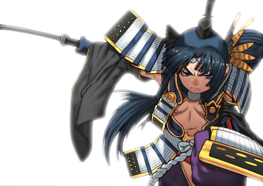 1girl armor backlighting black_hair black_sleeves blue_eyes breasts center_opening cessa commentary detached_sleeves english_commentary fate/grand_order fate_(series) faulds feathers hair_feathers hand_on_hilt hat headgear highres holding holding_sword holding_weapon japanese_armor katana long_hair navel no_bra panties red_panties scabbard serious sheath shoulder_armor small_breasts sode solo sword tokin_hat underwear ushiwakamaru weapon white_background wide_sleeves