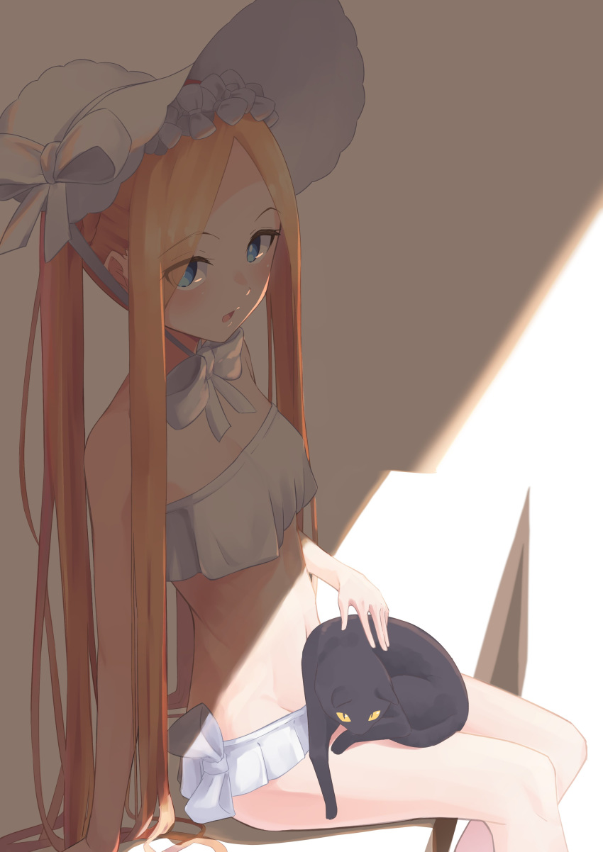 1girl abigail_williams_(fate/grand_order) abigail_williams_(swimsuit_foreigner)_(fate) absurdres anchobi bangs bare_shoulders bikini black_cat blonde_hair blue_eyes blush bonnet bow braid breasts cat fate/grand_order fate_(series) forehead hair_bow hair_rings highres long_hair looking_at_viewer miniskirt navel open_mouth parted_bangs shade sidelocks sitting skirt small_breasts swimsuit thighs twin_braids twintails very_long_hair white_bikini white_bow white_headwear