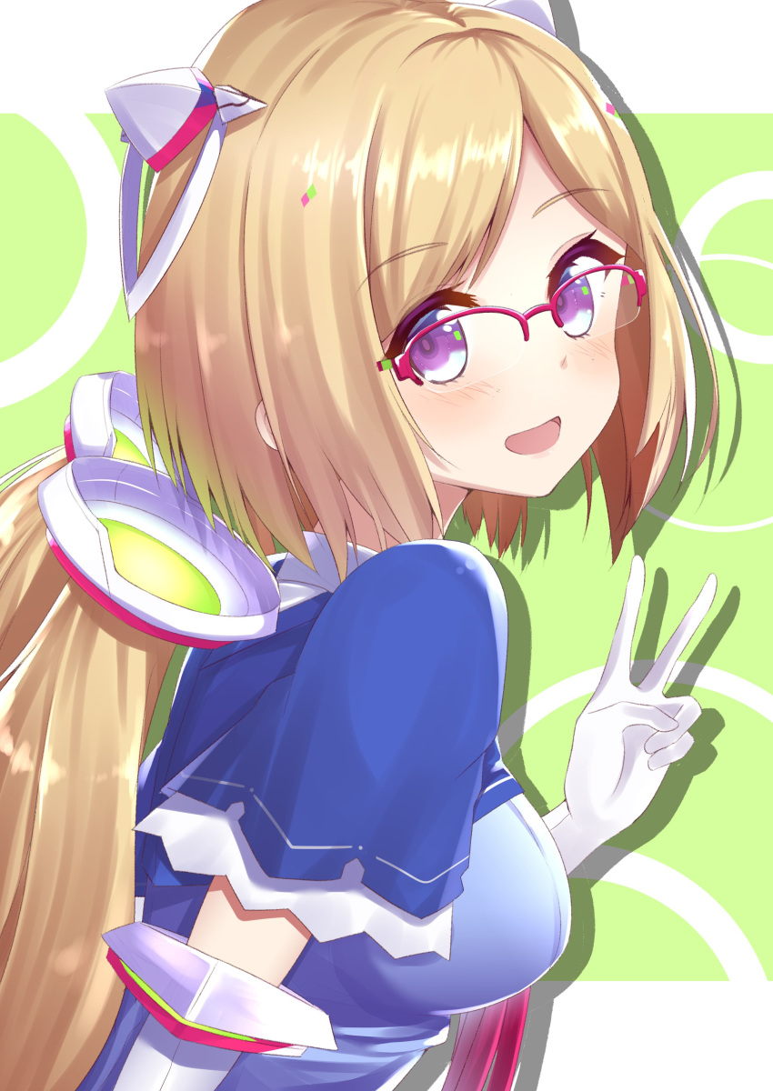 1girl :d absurdres aki_rosenthal bangs blonde_hair blue_jacket blush bob_cut borumete detached_hair elbow_gloves eyebrows_visible_through_hair from_side glasses gloves headgear highres hololive jacket long_hair looking_at_viewer looking_back low_twintails necktie open_mouth parted_bangs raised_eyebrows red-framed_eyewear red_neckwear semi-rimless_eyewear short_hair shrug_(clothing) smile solo twintails upper_body v violet_eyes virtual_youtuber white_gloves
