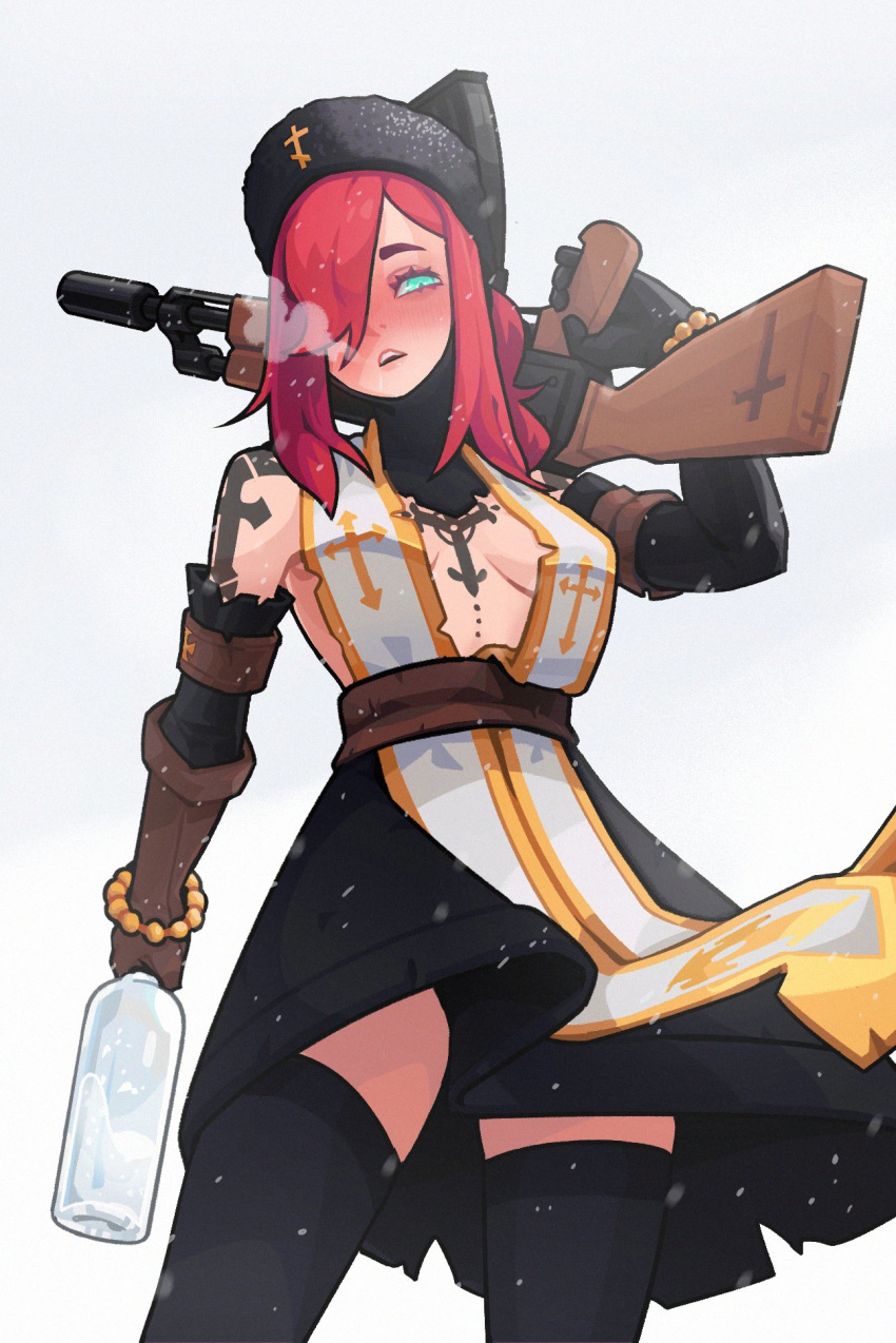 1girl alcohol amary_(milkytiddyboy) aqua_eyes arm_tattoo armband bead_bracelet beads belt black_headwear black_legwear blush bottle bracelet breath brown_belt brown_gloves chest_tattoo cold cross drunk gloves grey_background gun hair_over_one_eye hat highres holding holding_bottle holding_gun holding_weapon jewelry liquid medium_hair milkytiddyboy open_mouth original over_shoulder parted_lips priest redhead simple_background snow snowing solo tattoo teeth torn_clothes turtleneck upper_teeth weapon weapon_over_shoulder