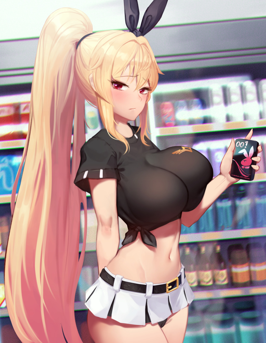 1girl absurdres arm_behind_back bangs belt black_shirt blonde_hair blush breasts buckle convenience_store daydream_(zhdkffk21) hair_intakes hair_tie high_ponytail highres holding huge_filesize impossible_clothes impossible_shirt large_breasts long_hair looking_at_viewer microskirt midriff navel original red_eyes shirt shop skirt solo t-shirt tied_shirt very_long_hair