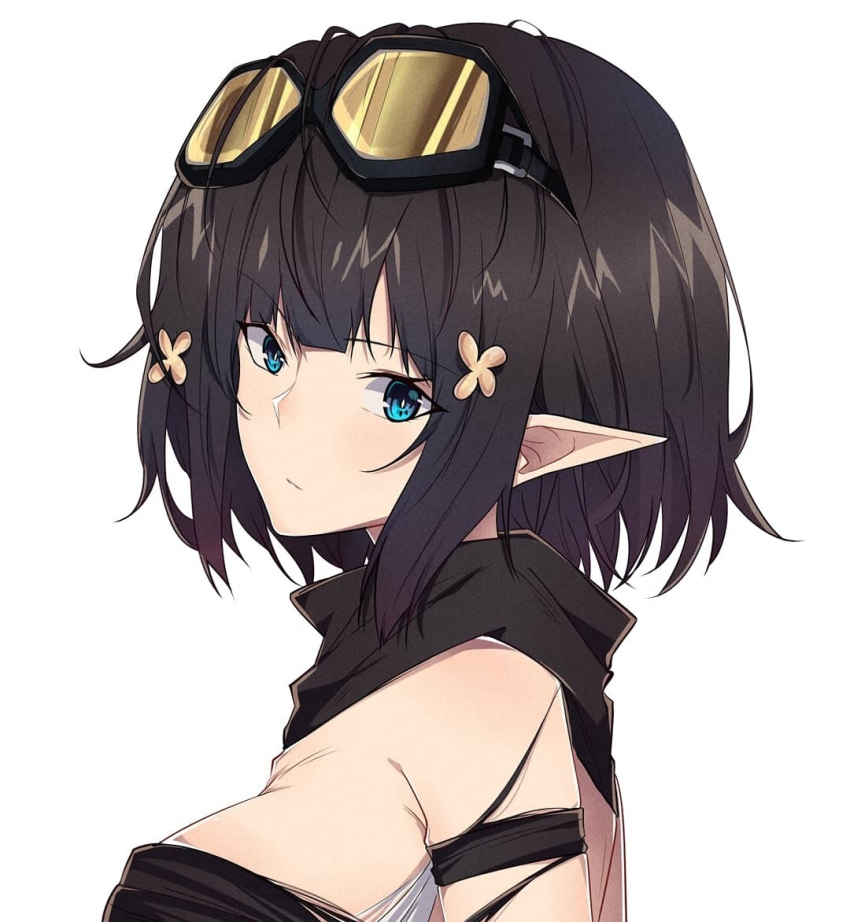 1girl arknights arm_strap bangs bare_shoulders black_hair black_scarf blue_eyes breasts commentary eunectes_(arknights) eyebrows_visible_through_hair goggles goggles_on_head hair_ornament looking_at_viewer medium_breasts pointy_ears pokarii_zuu scarf short_hair simple_background solo strapless tubetop upper_body white_background