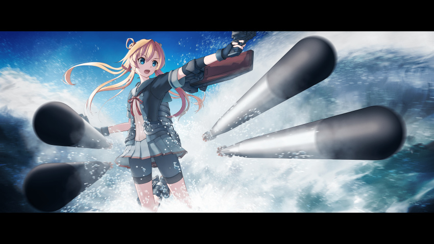 1girl absurdres abukuma_(kantai_collection) bangs bike_shorts black_gloves black_jacket blonde_hair blue_eyes blue_sky blush buttons cannon commentary_request day double_bun eyebrows_visible_through_hair gloves grey_sailor_collar grey_skirt hair_between_eyes hair_rings highres jacket kantai_collection letterboxed long_hair looking_to_the_side machinery neck_ribbon ocean open_mouth outdoors partial_commentary partly_fingerless_gloves pleated_skirt rankebu red_neckwear red_ribbon remodel_(kantai_collection) revision ribbon rigging sailor_collar school_uniform serafuku shoes short_sleeves shorts shorts_under_skirt skirt sky solo splashing torpedo turret water