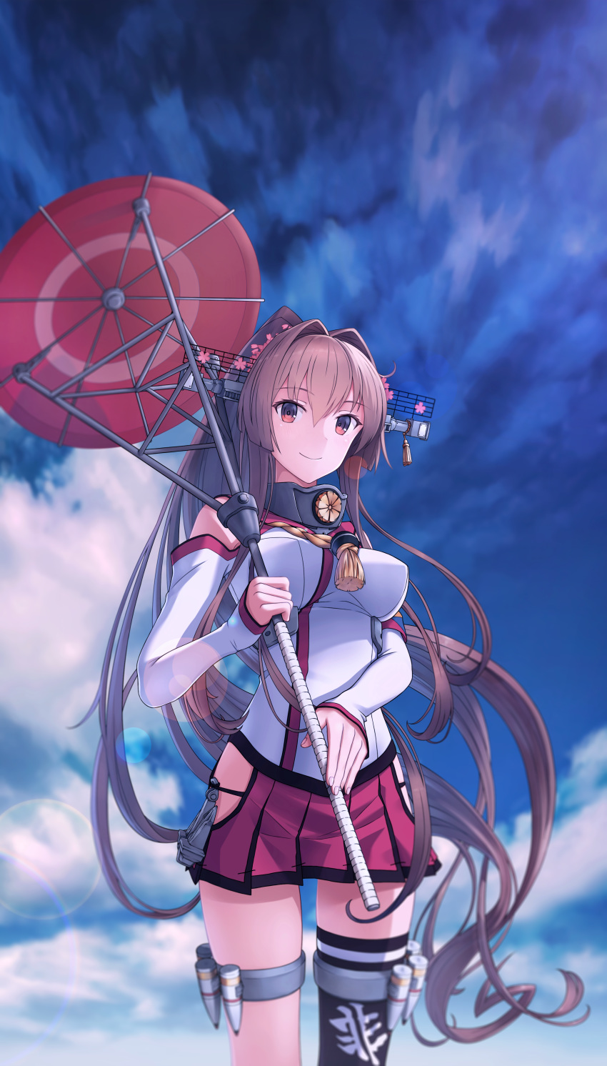 1girl absurdres bare_shoulders black_legwear breasts brown_eyes brown_hair closed_eyes clothes_writing detached_sleeves eyebrows_visible_through_hair flower hair_between_eyes hair_flower hair_ornament highres holding holding_umbrella huge_filesize kantai_collection large_breasts long_hair miniskirt official_style oriental_umbrella pink_flower pleated_skirt rankebu red_skirt red_umbrella revision single_thighhigh skirt smile solo thigh-highs umbrella yamato_(kantai_collection)