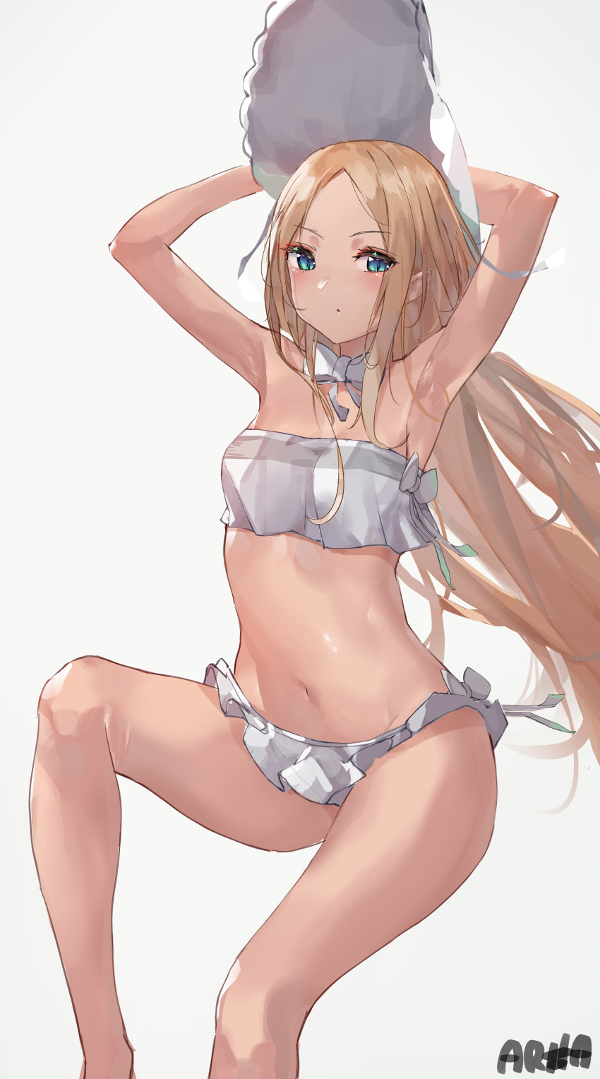 1girl abigail_williams_(fate/grand_order) abigail_williams_(swimsuit_foreigner)_(fate) absurdres armpits arms_behind_head arms_up bangs bare_shoulders bikini blonde_hair blue_eyes blush bonnet bow breasts commentary fate/grand_order fate_(series) forehead hami_(wjdwlsdnr112) highres long_hair looking_at_viewer miniskirt navel parted_bangs sidelocks skirt small_breasts swimsuit thighs very_long_hair white_bikini white_bow white_headwear