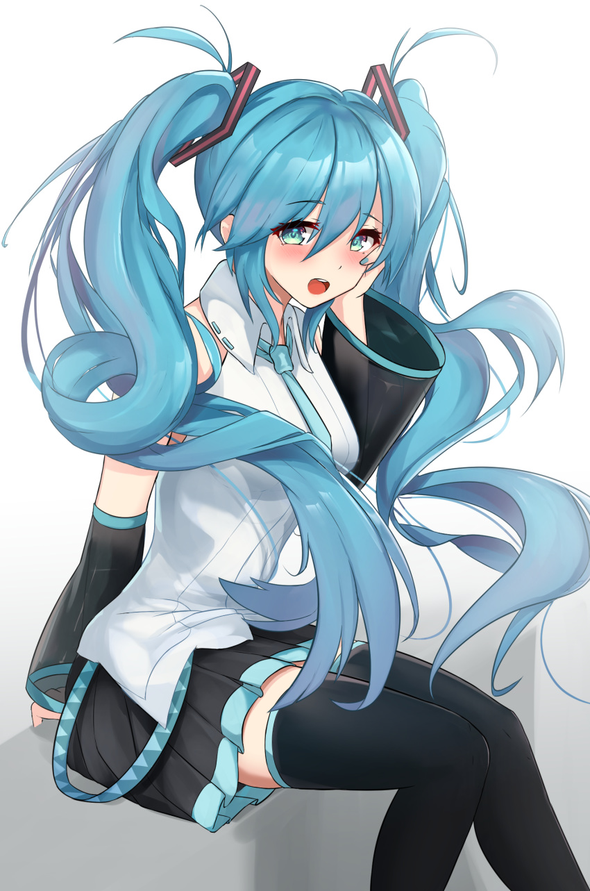 1girl aqua_eyes arm_support bangs bare_shoulders black_legwear black_skirt black_sleeves blush collared_shirt commentary_request detached_sleeves feet_out_of_frame gradient gradient_background grey_background hair_between_eyes hair_ornament hand_on_own_cheek hand_up hatsune_miku hatsune_miku_(vocaloid4)_(chinese) headphones headset highres long_hair long_sleeves looking_at_viewer necktie open_mouth pleated_skirt shirt sitting skirt sleeveless sleeveless_shirt smile solo soveno thigh-highs twintails very_long_hair vocaloid white_background white_shirt zettai_ryouiki