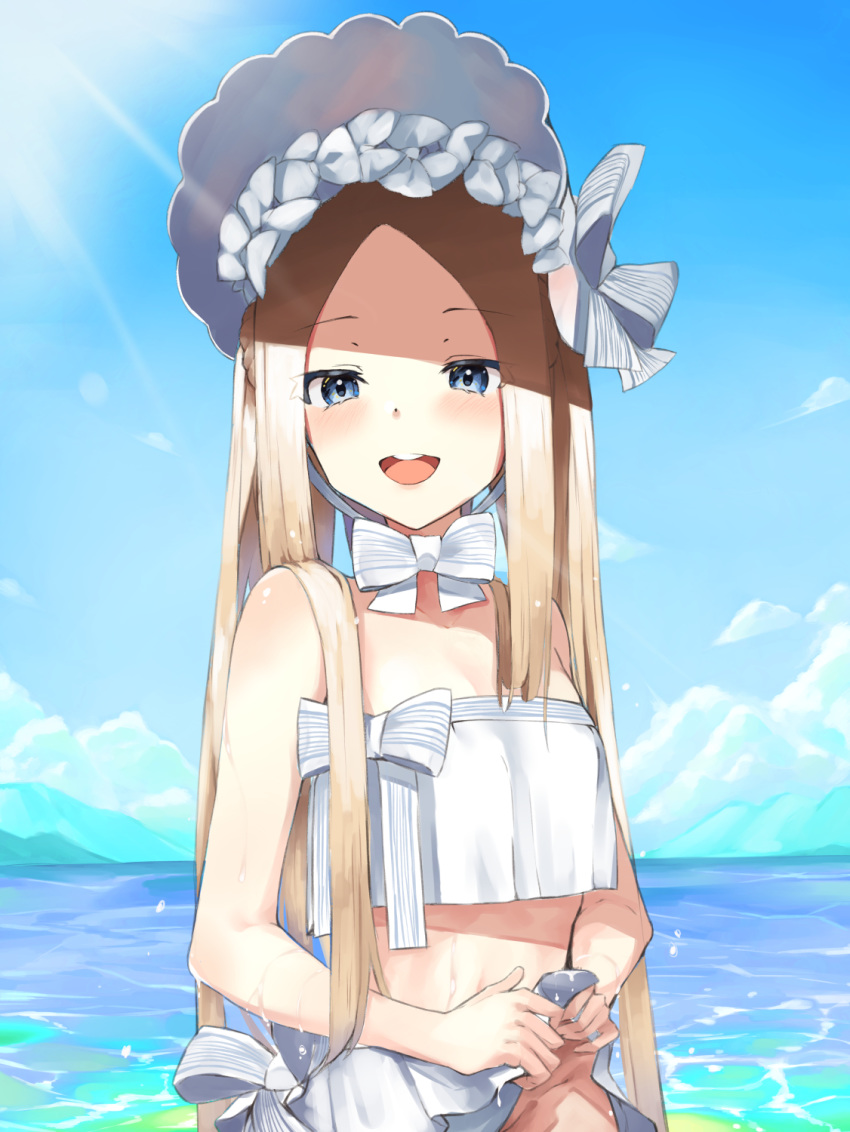 1girl abigail_williams_(fate/grand_order) abigail_williams_(swimsuit_foreigner)_(fate) bangs bare_shoulders beach bikini blonde_hair blue_eyes blue_sky blush bonnet bow braid breasts fate/grand_order fate_(series) forehead hair_bow hair_rings highres long_hair looking_at_viewer miniskirt nonaturednerd ocean open_mouth parted_bangs sidelocks skirt sky small_breasts smile swimsuit twin_braids twintails very_long_hair wet white_bikini white_bow white_headwear