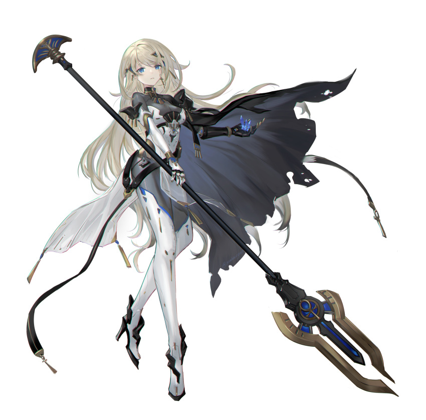 1girl absurdres asukayou black_cape blonde_hair blue_eyes bodysuit cape commentary cyborg earrings full_body gauntlets grey_bodysuit hair_ornament high_heels highres holding holding_spear holding_weapon jewelry joints long_hair looking_at_viewer mecha_musume mechanical_arm original parted_lips polearm prosthesis prosthetic_arm robot_joints science_fiction simple_background single_gauntlet skin_tight solo spear standing turtleneck twitter_username weapon white_background
