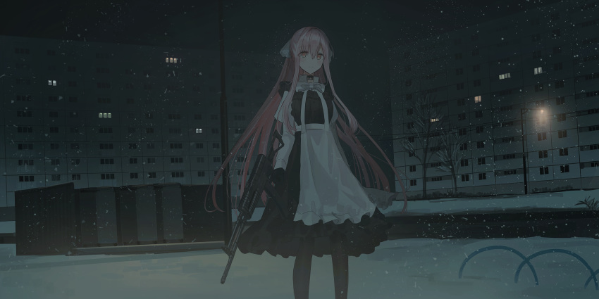 1girl apron black_dress black_gloves black_legwear blush bow brown_eyes building chihuri closed_mouth dress frilled_apron frilled_dress frills gloves gun hair_ribbon highres holding holding_gun holding_weapon juliet_sleeves lamppost long_hair long_sleeves looking_at_viewer night night_sky original outdoors pantyhose pink_hair ponytail puffy_sleeves ribbon shirt sky sleeveless sleeveless_dress smile solo standing very_long_hair waist_apron weapon weapon_request white_apron white_bow white_ribbon white_shirt yana_(chihuri)