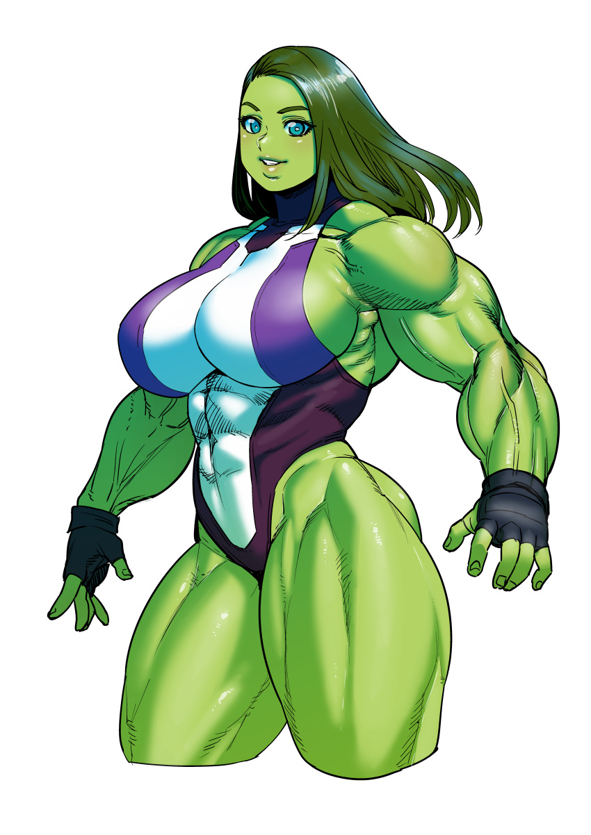 abs absurdres blue_eyes breasts commentary green_skin highres large_breasts leotard looking_at_viewer marvel muscle muscular_female she-hulk solo superhero synecdoche white_background