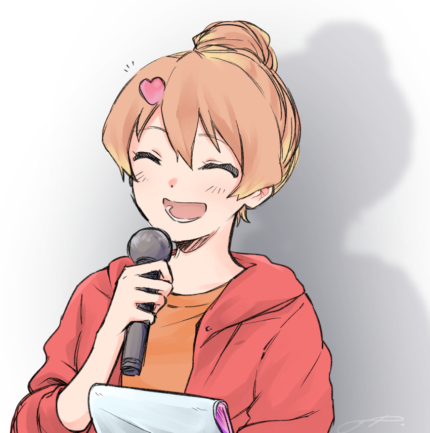 1girl ^_^ alternate_hairstyle closed_eyes freyja_wion hair_bun highres holding holding_microphone macross macross_delta microphone nokomo open_mouth red_hoodie short_hair smile solo