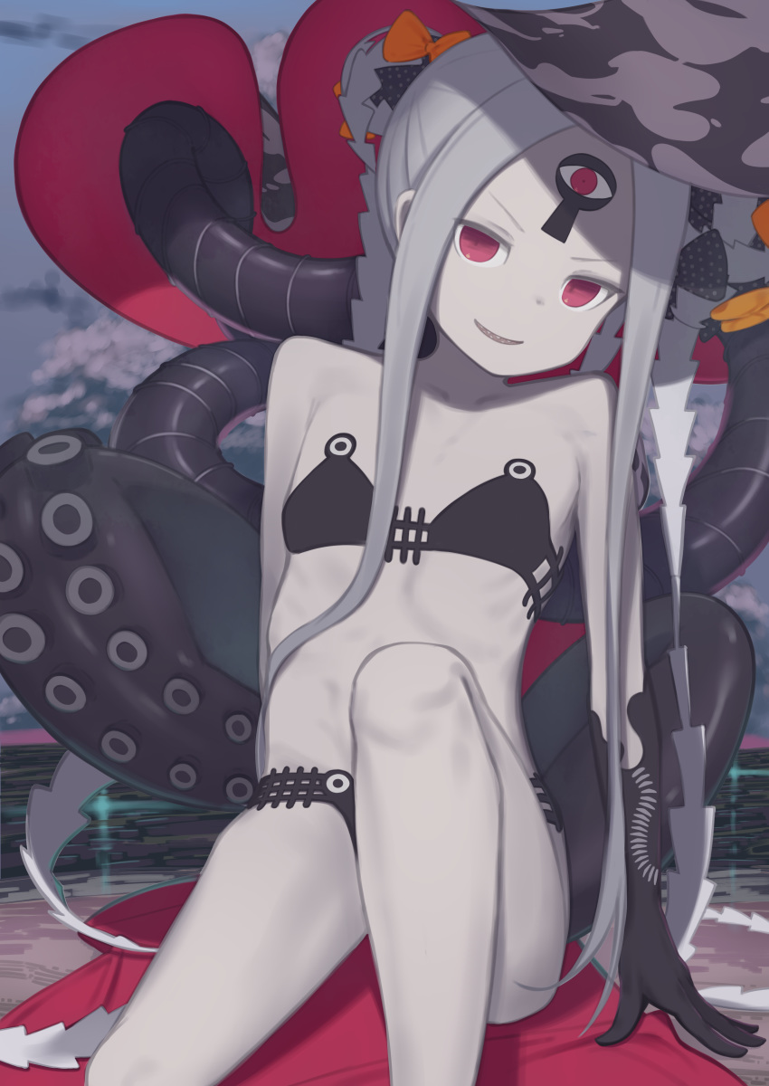 1girl abigail_williams_(fate/grand_order) abigail_williams_(swimsuit_foreigner)_(fate) absurdres bangs bare_shoulders bikini black_bikini black_bow bow breasts collarbone double_bun fate/grand_order fate_(series) forehead grin highres keyhole knee_up long_hair looking_at_viewer multiple_bows orange_bow parted_bangs sharp_teeth sidelocks sitting small_breasts smile swimsuit teeth tentacles thighs third_eye very_long_hair violet_eyes white_hair white_skin yomogi_uehara