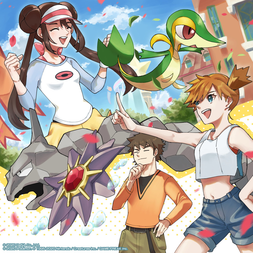 1boy 2girls belt blue_eyes blush bow breasts brock_(pokemon) brown_hair building closed_eyes closed_mouth clouds commentary dated day double_bun gen_1_pokemon gen_5_pokemon hand_on_hip hand_on_own_chin highres long_hair misty_(pokemon) multiple_girls navel official_art onix open_mouth orange_hair petals pink_bow pokemon pokemon_(creature) pokemon_(game) pokemon_masters raglan_sleeves rosa_(pokemon) shirt short_hair shorts side_ponytail sky smile snivy starmie teeth tongue twintails upper_teeth visor_cap watermark yellow_shorts