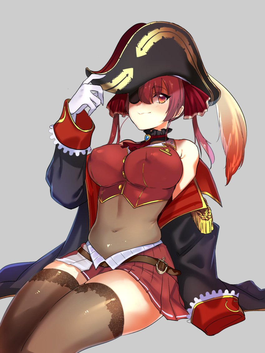 1girl background bangs black_legwear blush breasts clothed crop_top curvy erect_nipples eyepatch female female_only gloves grey_background hair_between_eyes hat hat_feather hat_tip hololive houshou_marine jacket kukumomo large_breasts legwear looking_at_viewer navel orange_eyes pirate_hat red_hair red_skirt sitting skirt smile solo thick_thighs thighhighs uniform