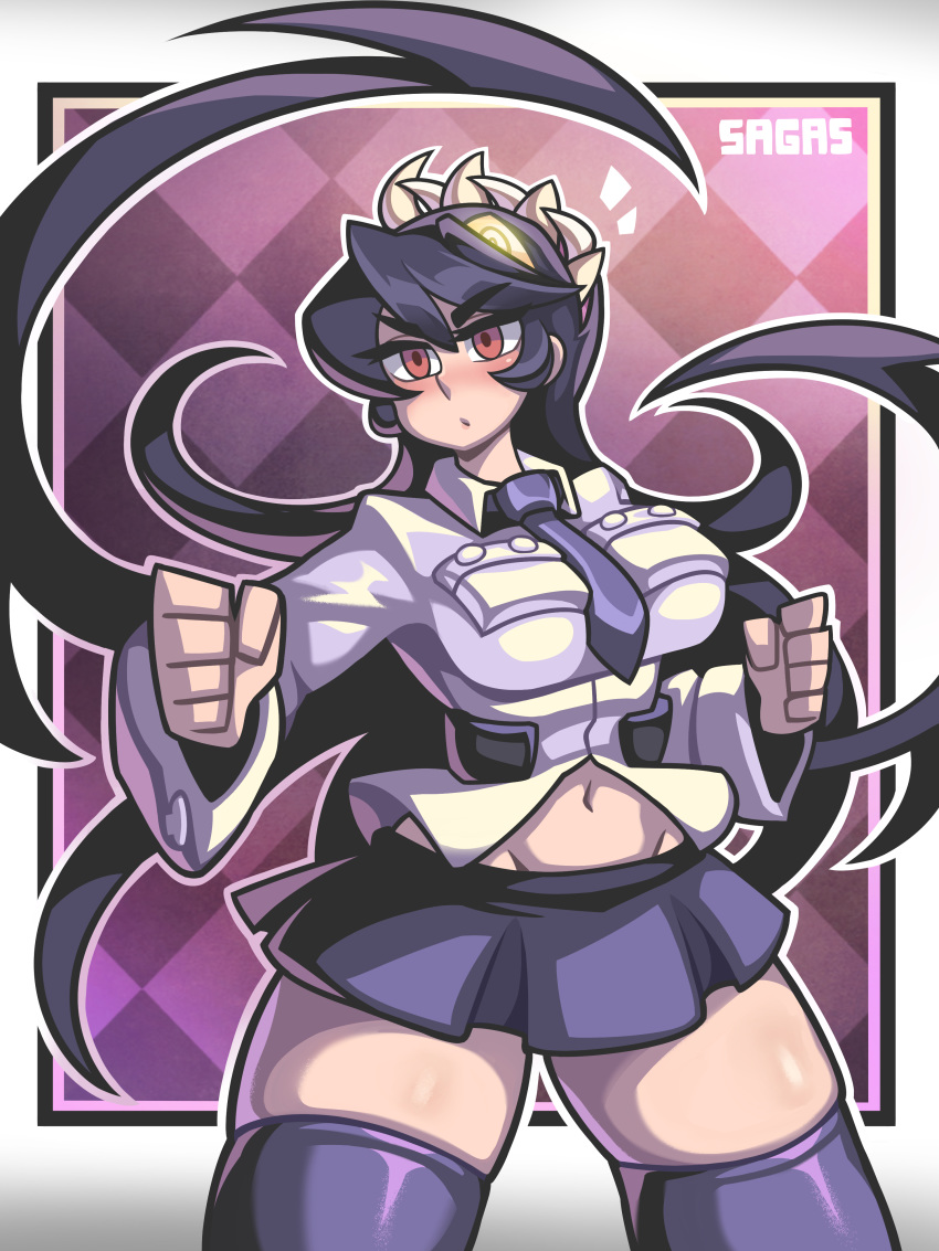 1girl absurdres black_hair black_legwear black_neckwear black_skirt blush buttons checkered checkered_background clenched_hands eyebrows eyebrows_visible_through_hair fighting_stance filia_(skullgirls) glowing glowing_eyes highres long_hair navel necktie prehensile_hair sagas293 samson_(skullgirls) shirt skirt skullgirls teeth thick_thighs thigh-highs thighs white_shirt