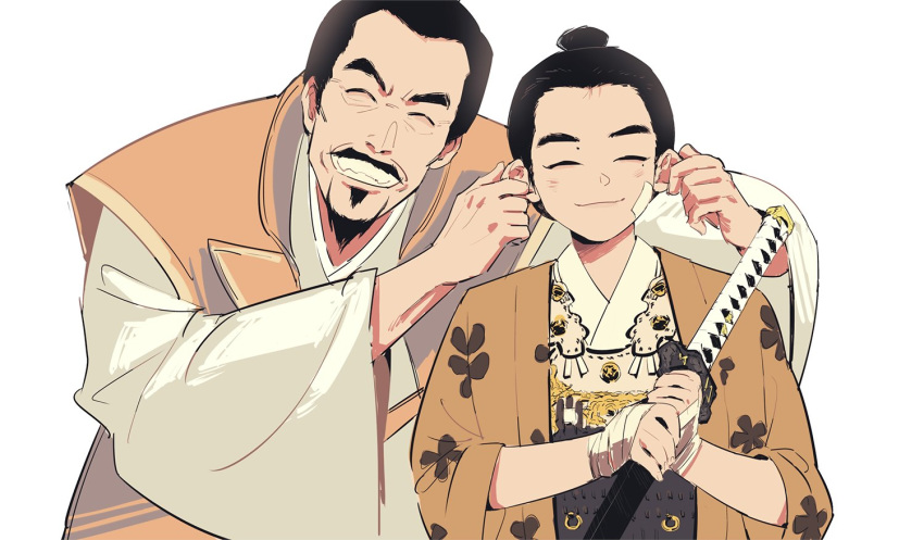 2boys ^_^ bandaid black_hair chorion0811 closed_eyes ear_pull facial_hair facing_viewer ghost_of_tsushima goatee grin hair_bun hand_wraps hands_up happi holding holding_sword holding_weapon japanese_clothes kataginu katana kimono leaning_forward long_sleeves lord_shimura male_focus mole mole_under_eye multiple_boys mustache sakai_jin scabbard sheath sheathed short_hair simple_background smile sword upper_body weapon white_background white_kimono wide_sleeves younger