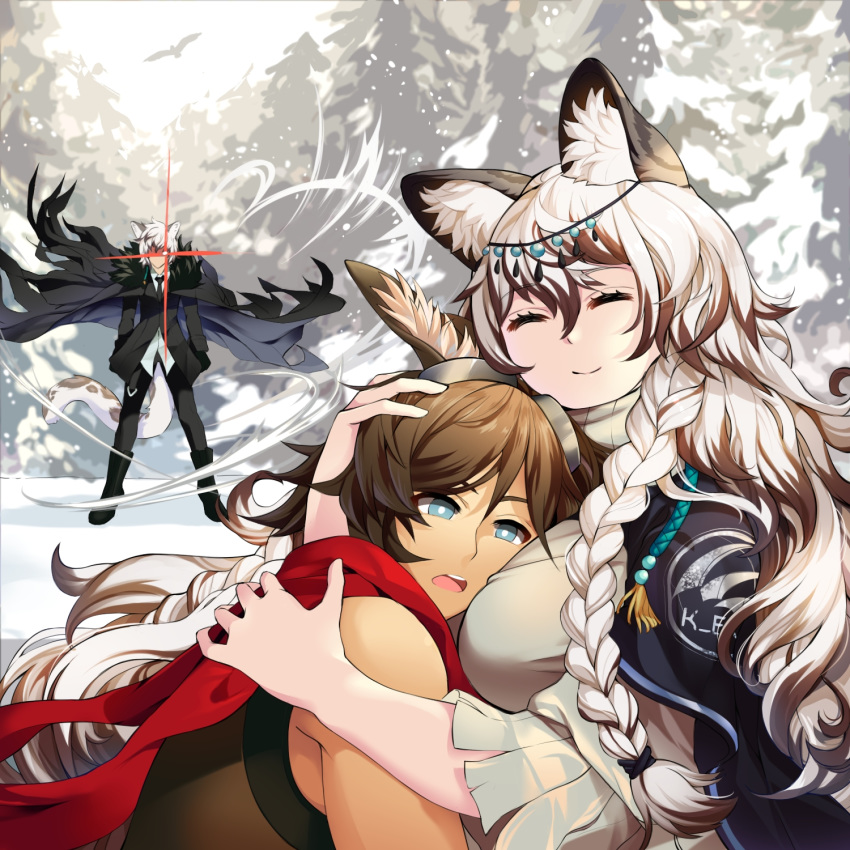 1girl 2boys ^_^ animal_ear_fluff animal_ears arknights aweto bangs bare_shoulders between_breasts bird black_cape black_capelet black_footwear black_gloves black_jacket blue_eyes blush boots braid breasts brother_and_sister brown_hair cape capelet closed_eyes commentary_request courier_(arknights) cuddling deer_ears fluffy forest full_body fur-trimmed_cape fur_trim gloves glowing glowing_eye goggles goggles_on_head hair_between_eyes head_chain highres hug jacket jewelry large_breasts leopard_ears leopard_tail long_hair long_sleeves multiple_boys nature necktie pramanix_(arknights) red_scarf scarf shadow shirt siblings side_braids silver_hair silverash_(arknights) smile snow standing tail tenzin_(arknights) tree turtleneck turtleneck_dress twin_braids upper_body upper_teeth very_long_hair white_shirt winter