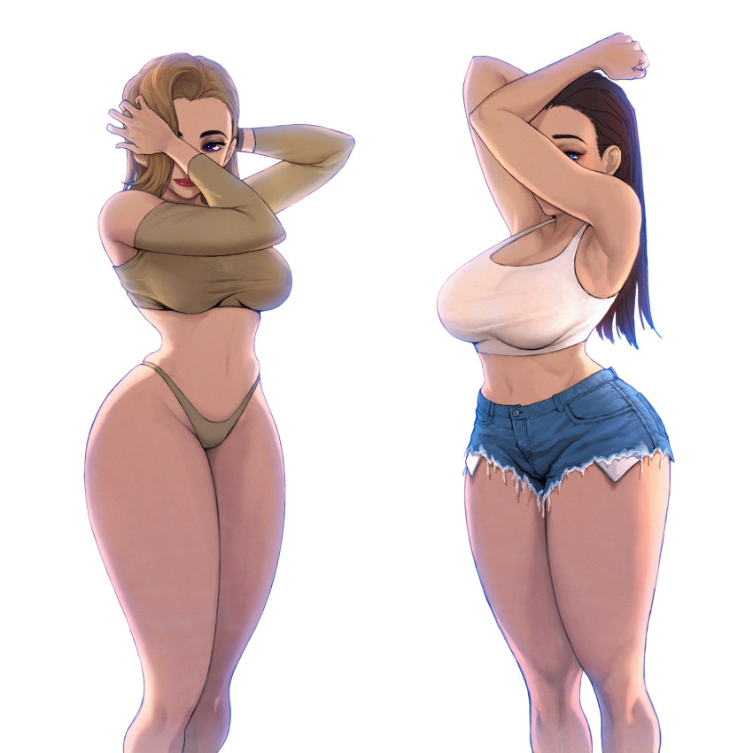 2girls absurdres blonde_hair blue_eyes breasts brown_hair covering_face crop_top denim denim_shorts eljaykhun highres large_breasts long_hair looking_at_viewer looking_down midriff multiple_girls navel original red_lips short_shorts shorts thick_thighs thighs underwear white_background
