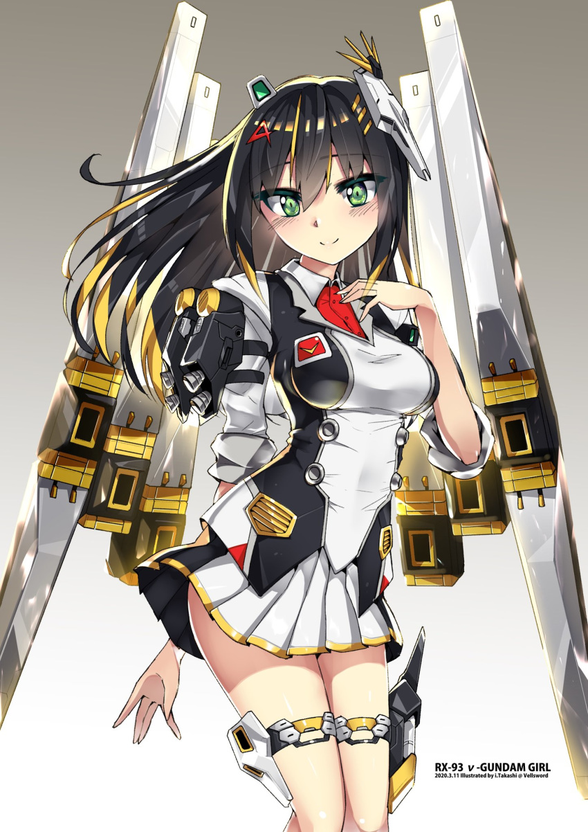 1girl black_hair breasts char's_counterattack character_name fin_funnels floating_hair gradient gradient_background green_eyes gundam hand_on_own_chest highres i.takashi looking_down mecha_musume nu_gundam nu_gundam_double_fin_funnel_type personification shield_hair_ornament skirt small_breasts thigh_strap v-fin white_skirt